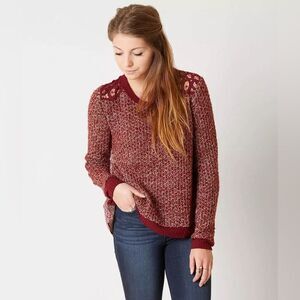 Miss Me Pieced Sweater Lace Details and Silk Back in Burgundy Red Size Small NWT